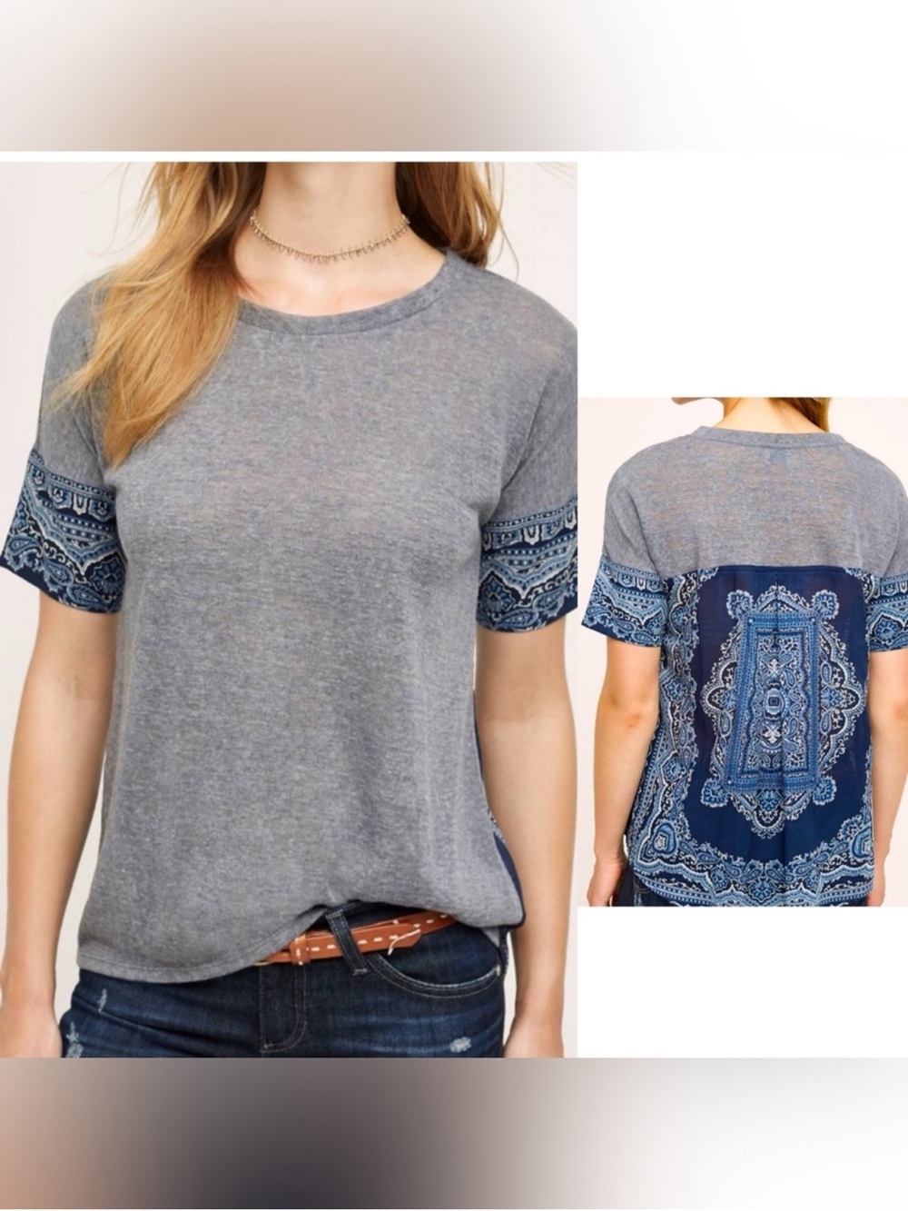Anthropologie Postmark Bandana Print Tee in Blue and Gray NWOT - Picture 2 of 2